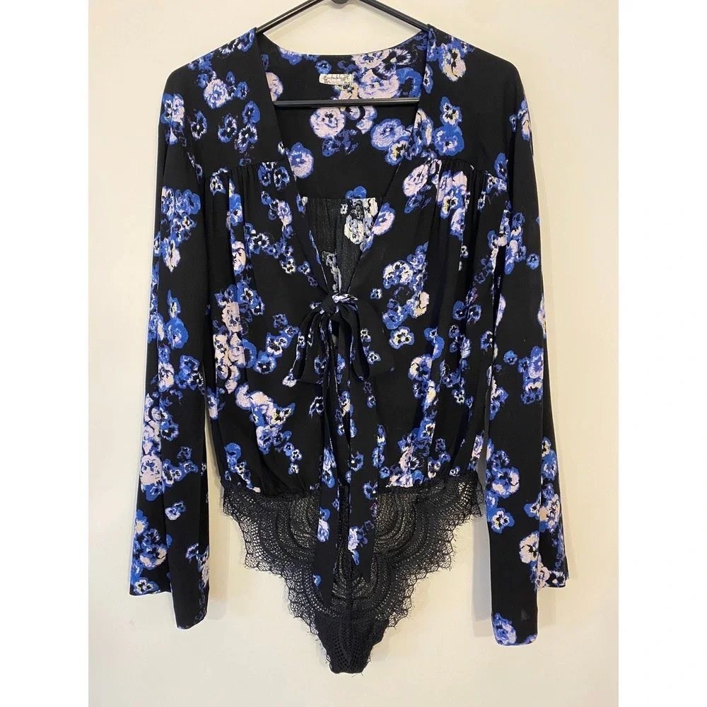 Intimately‎ Free People Forties Feels Floral Bodysuit Black Blue Tie Front S